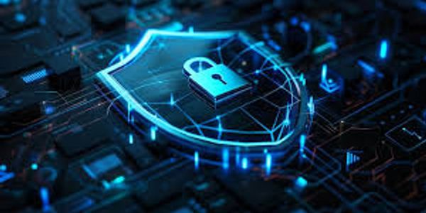 Glowing digital shield with a lock symbol representing cybersecurity protection.