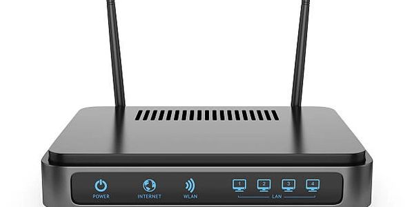 Black wireless router with two antennas and LED indicators for power, internet, WLAN, and LAN ports.