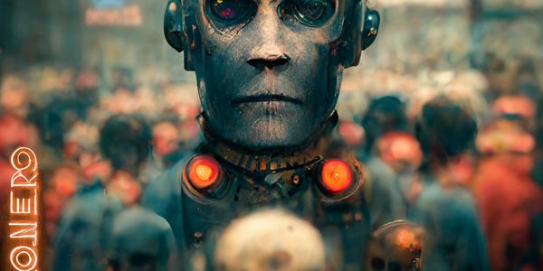 A worn robot with glowing eyes stands against a blurred crowd, text reads 'Bill Loner' and 'Friends of My Enemy'.