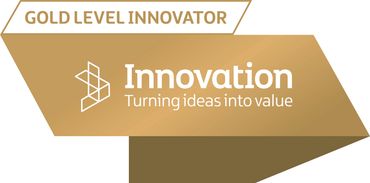 A badge of the Gold Level Innovator award. It says "Innovation, Turning ideas into value" across it.