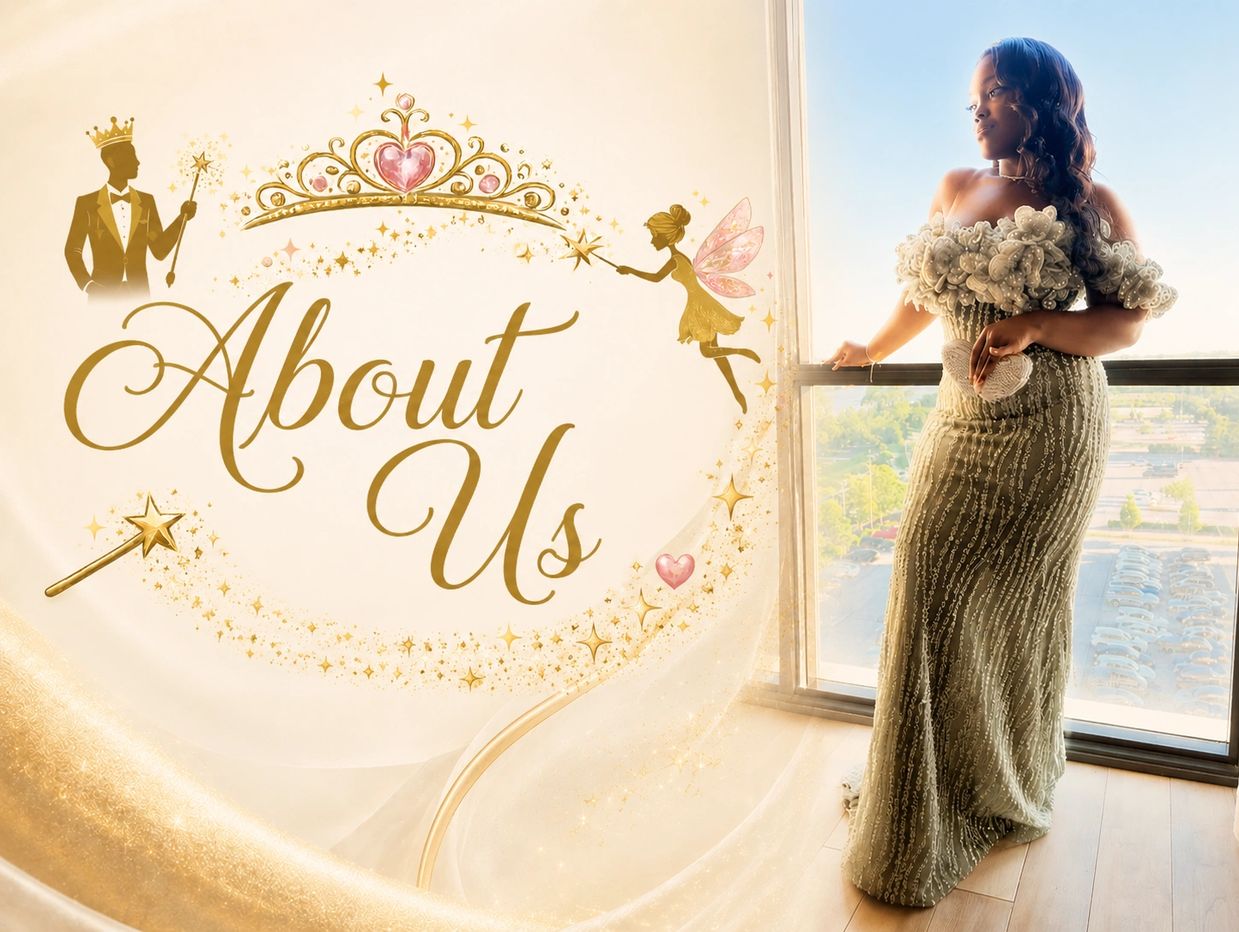 Elegant woman in a shimmering gown stands by a window next to an 'About Us' graphic with fairy tale elements.