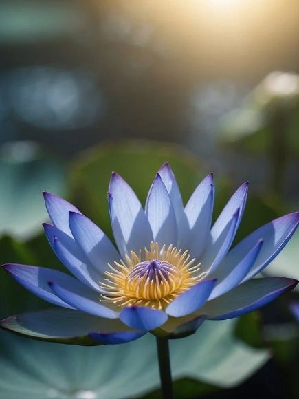 A photo of a single blue lotus flower floating in a lake