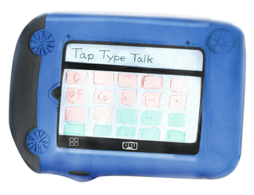 A blue tablet displaying a communication app called 'Tap Type Talk'.