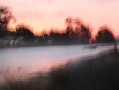 Blurry riverside at sunset with pink sky.