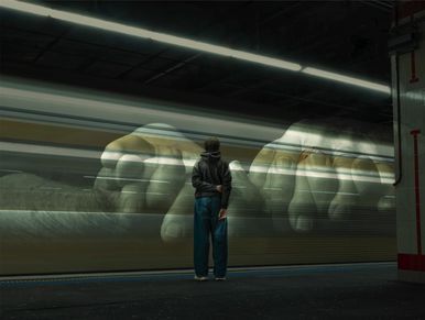 Person standing on a subway platform with giant hands appearing through a moving train.