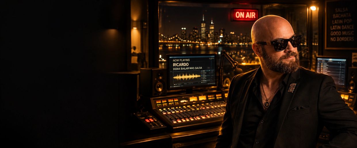 A man in sunglasses at a radio studio with city lights in the background.