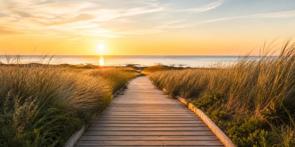 Wooden path leading to a sunset by the sea.