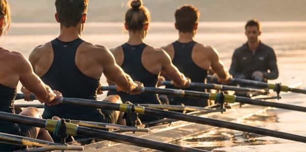 Team rowing on water during sunset.