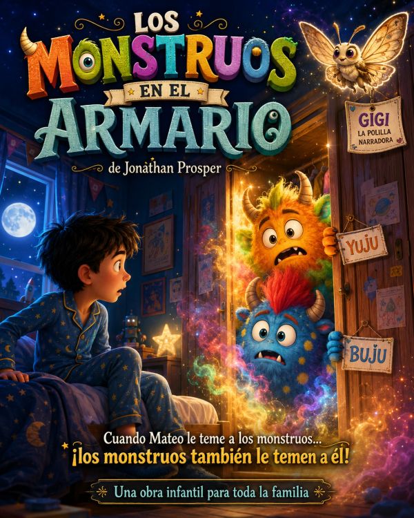 Cartel colorido de película infantil con monstruos y un niño asustado en su habitación.