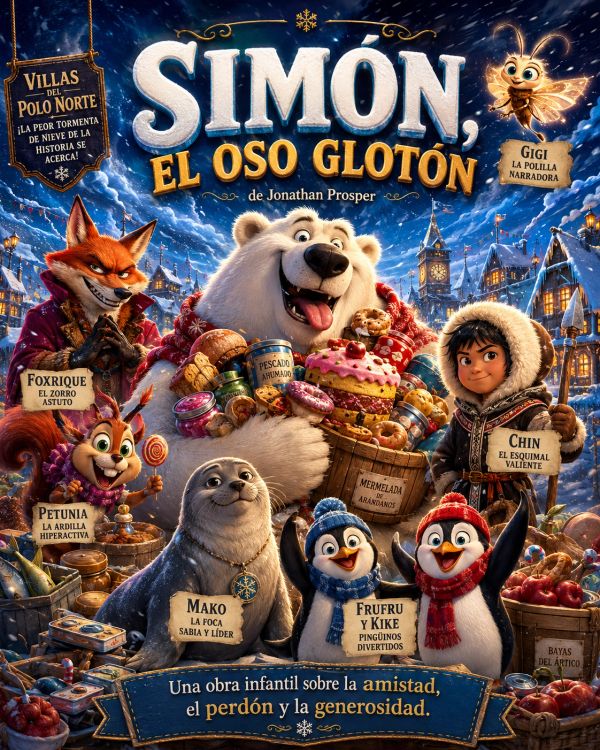 Cartel animado de película sobre amistad y generosidad con animales y niños en un pueblo nevado.