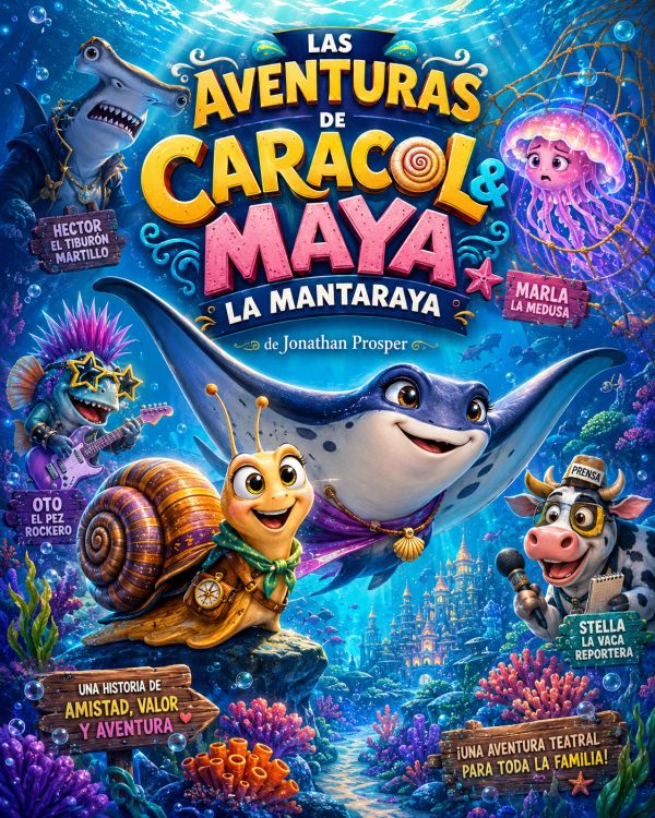 Colorful underwater adventure poster featuring a snail and a manta ray.
