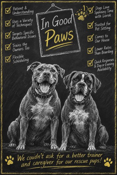 Chalkboard-style poster showcasing dog training services with two illustrated dogs.