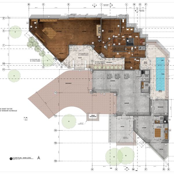 Residential house plan and site layout featuring a custom home, garage, driveway, outdoor living spa