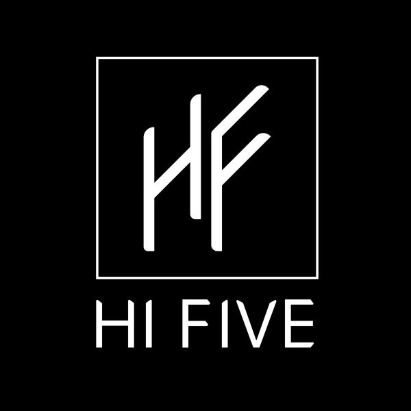 Minimalist black and white logo for Hi Five with stylized HF initials.