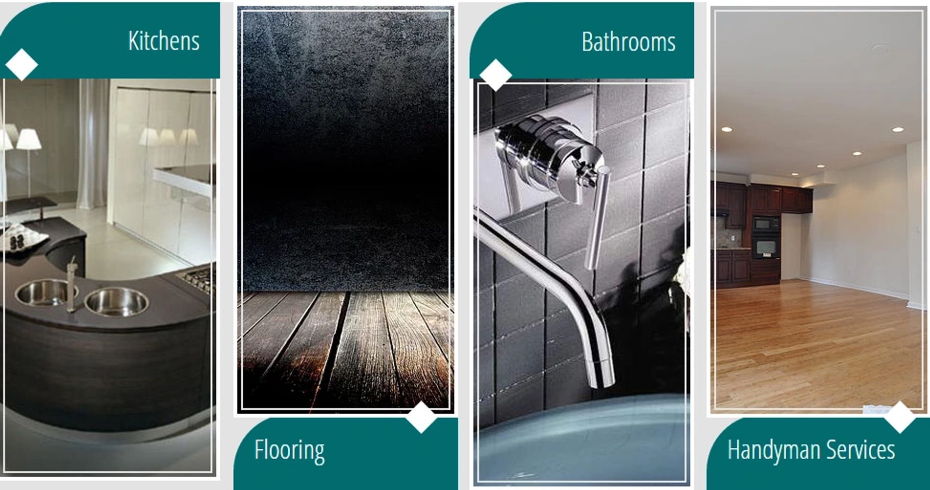 Modern kitchen, wooden flooring, bathroom faucet, and handyman service room images.