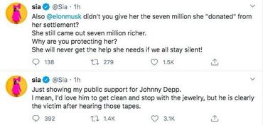 Sia tweets about Johnny Depp and accuses Elon Musk of giving Amber Heard money.