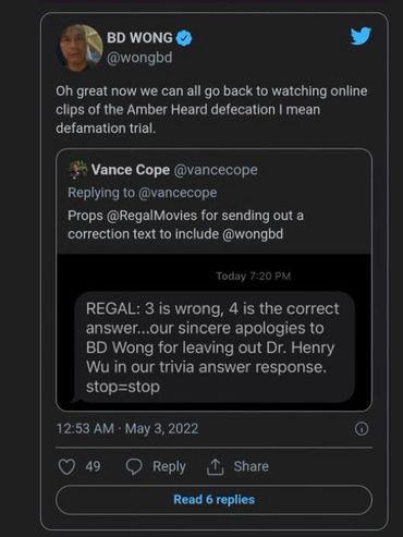 BD Wong joining the Amber Heard hate.