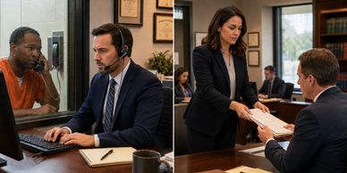 Two scenes of legal professionals interacting with clients or colleagues.