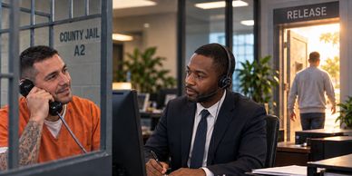 Inmate talking on phone while lawyer takes notes.