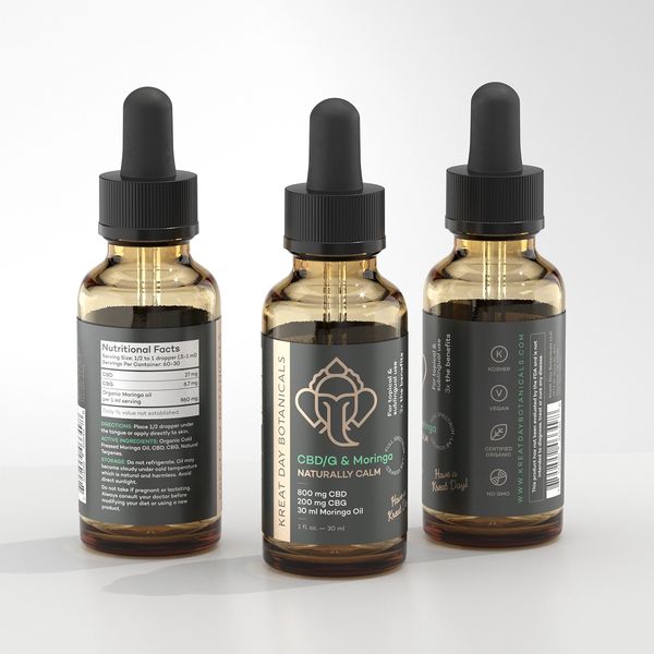 Naturally Calm CBD/G tincture with Moringa oil base. 1000mg total cannabinoids. Relieves sore muscle