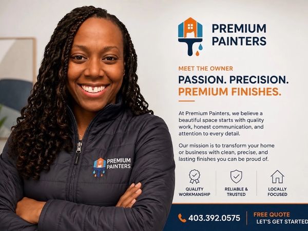 Smiling female owner of Premium Painters promoting quality painting services.
