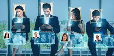 Professionals using digital interfaces with biometric and data analysis features.