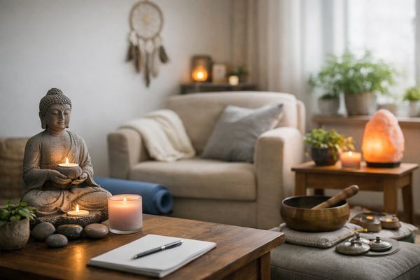 Tranquil meditation space with Buddha statue and candles.
