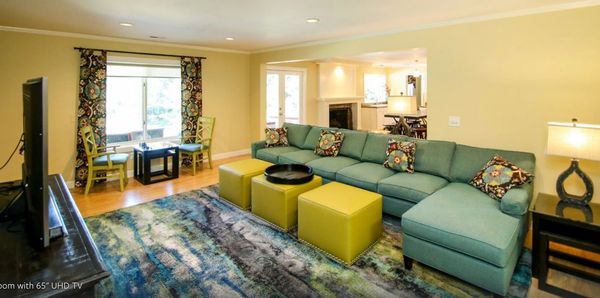 Completely furnished basement living area in a rental in Lake Norman, NC