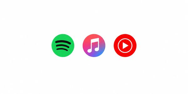 Icons of Spotify, Apple Music, and YouTube Music streaming apps.