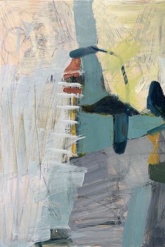 Abstract painting with muted blues, greens, and ochres in layered brushstrokes.