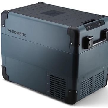Portable Dometic cooler or refrigerator with sturdy design.