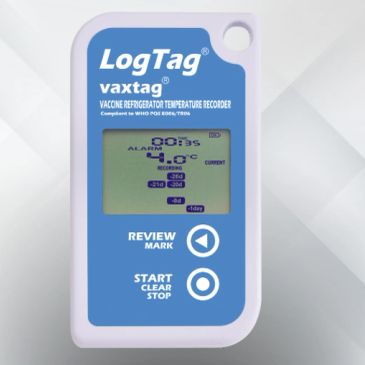 LogTag Vaxtag vaccine refrigerator temperature recorder device with screen and buttons.