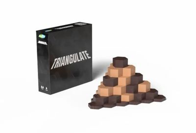 Our upcoming release Triangulate pictured on a white background, the box behind the wooden pyramid.