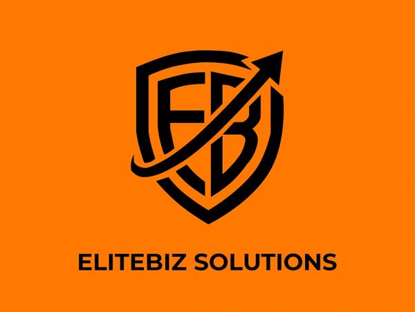 Black logo with arrow and letters FB on orange background for EliteBiz Solutions.
