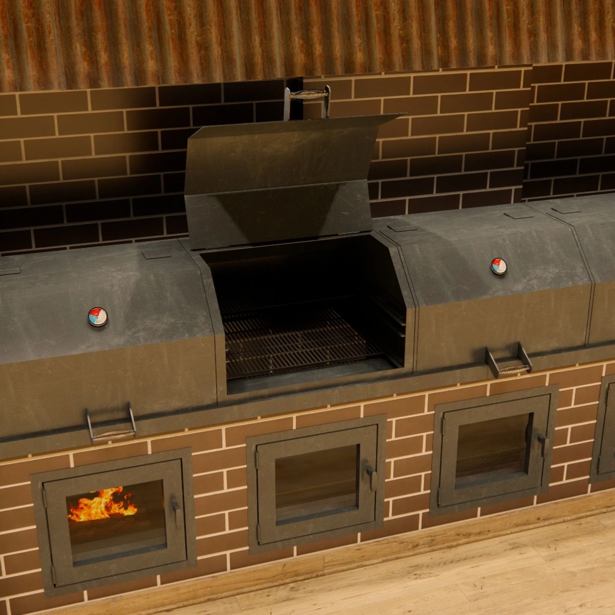 A large built-in brick barbecue grill with multiple cooking chambers and visible fire inside.