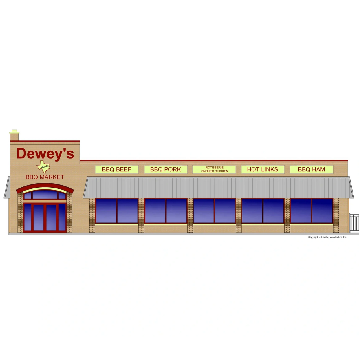 Illustration of Dewey's BBQ Market storefront with signage for various BBQ meats.