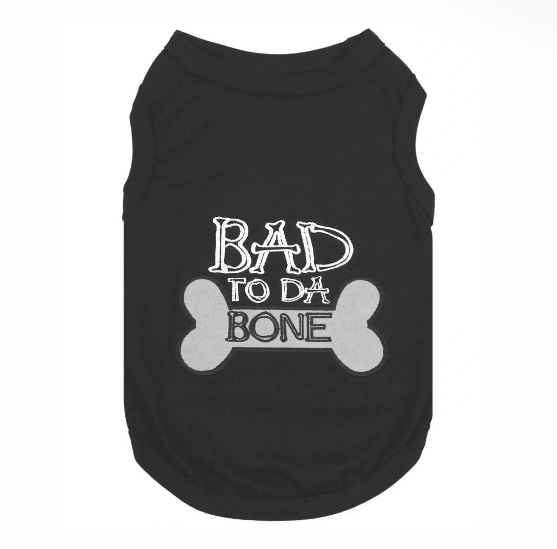 Black dog shirt with "Bad to Da Bone" text and bone graphic.