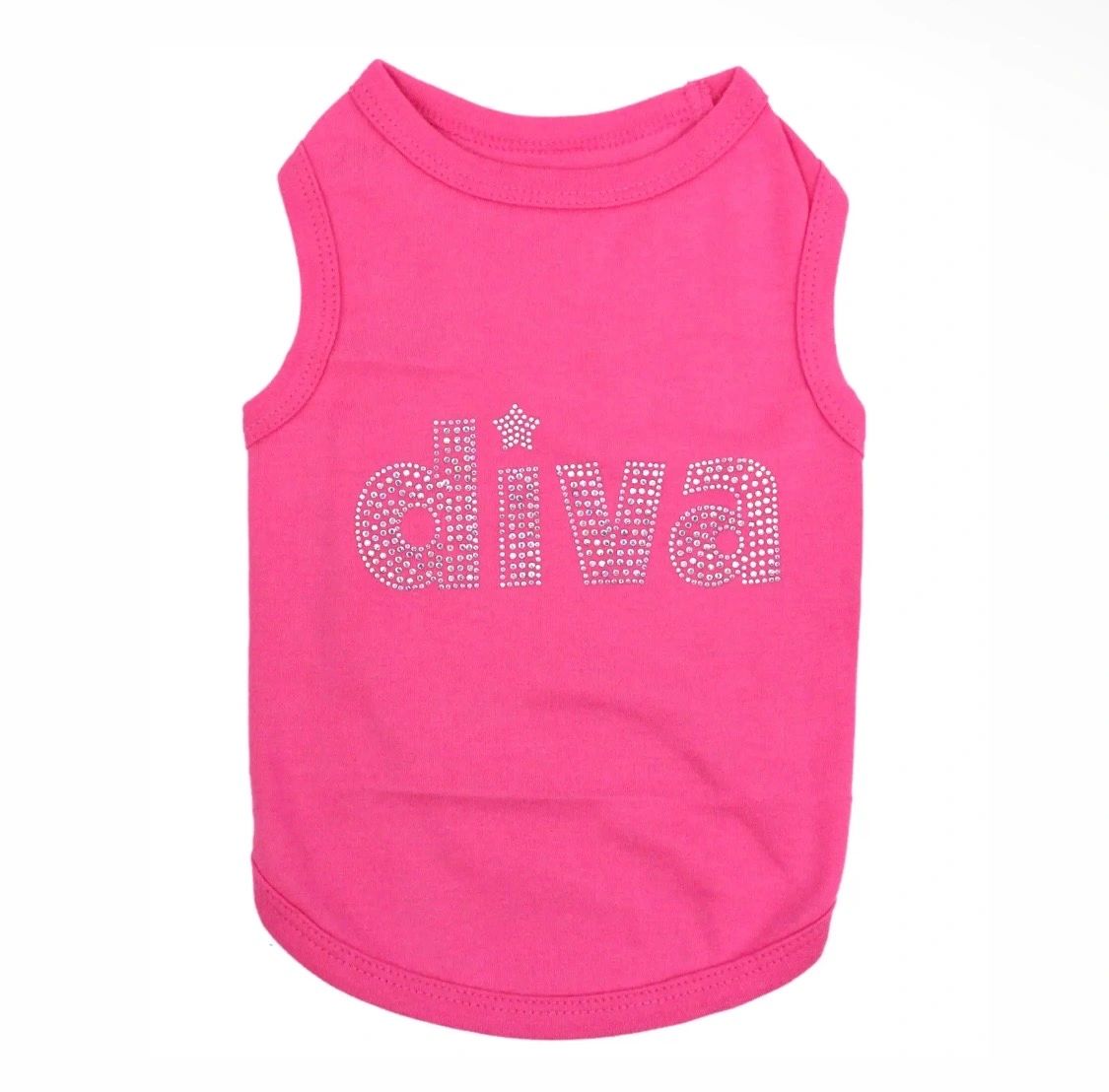 Pink sleeveless shirt with 'diva' text in rhinestones.