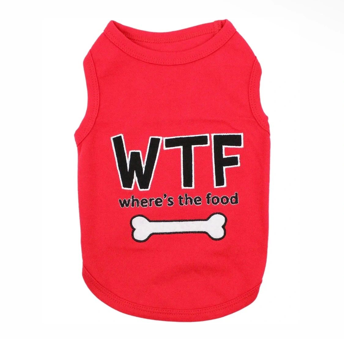 Red pet shirt with humorous text and bone graphic.