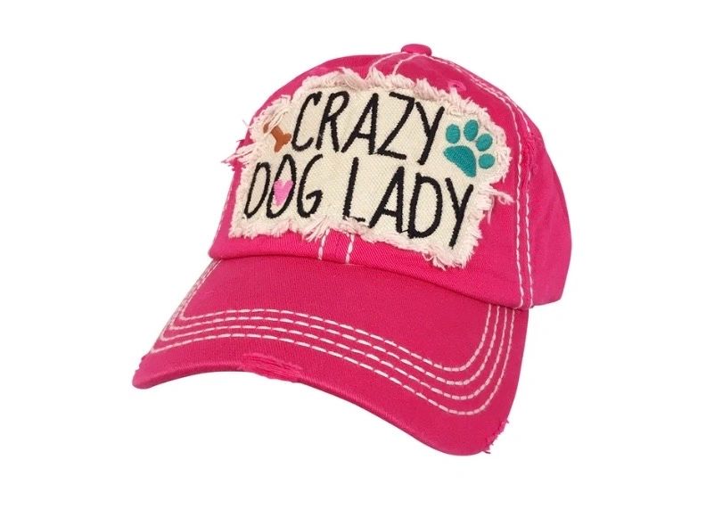 Pink cap with 'Crazy Dog Lady' patch.