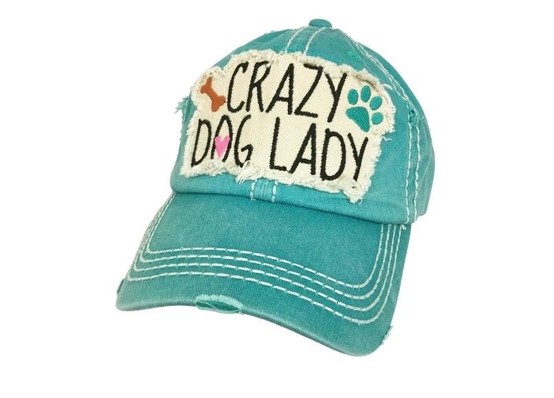 Teal baseball cap with "Crazy Dog Lady" patch.