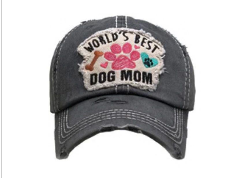 Black cap with 'World's Best Dog Mom' patch.