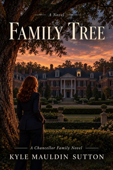 A woman looks at a large mansion at sunset on the cover of 'Family Tree.'
