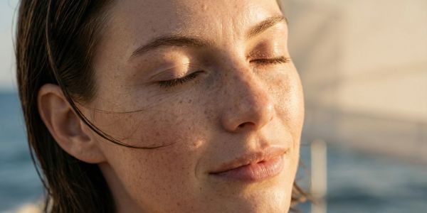 Close-up of a serene woman with closed eyes and freckles, enjoying sunlight.