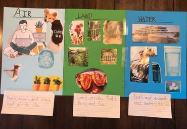 Poster with cut-outs representing air, land, and water.