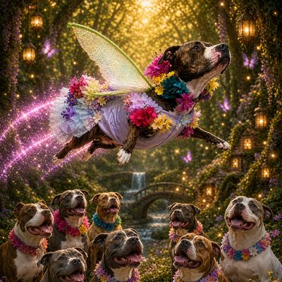 A dog dressed as a fairy flies above a group of dogs wearing flower collars in a magical garden.