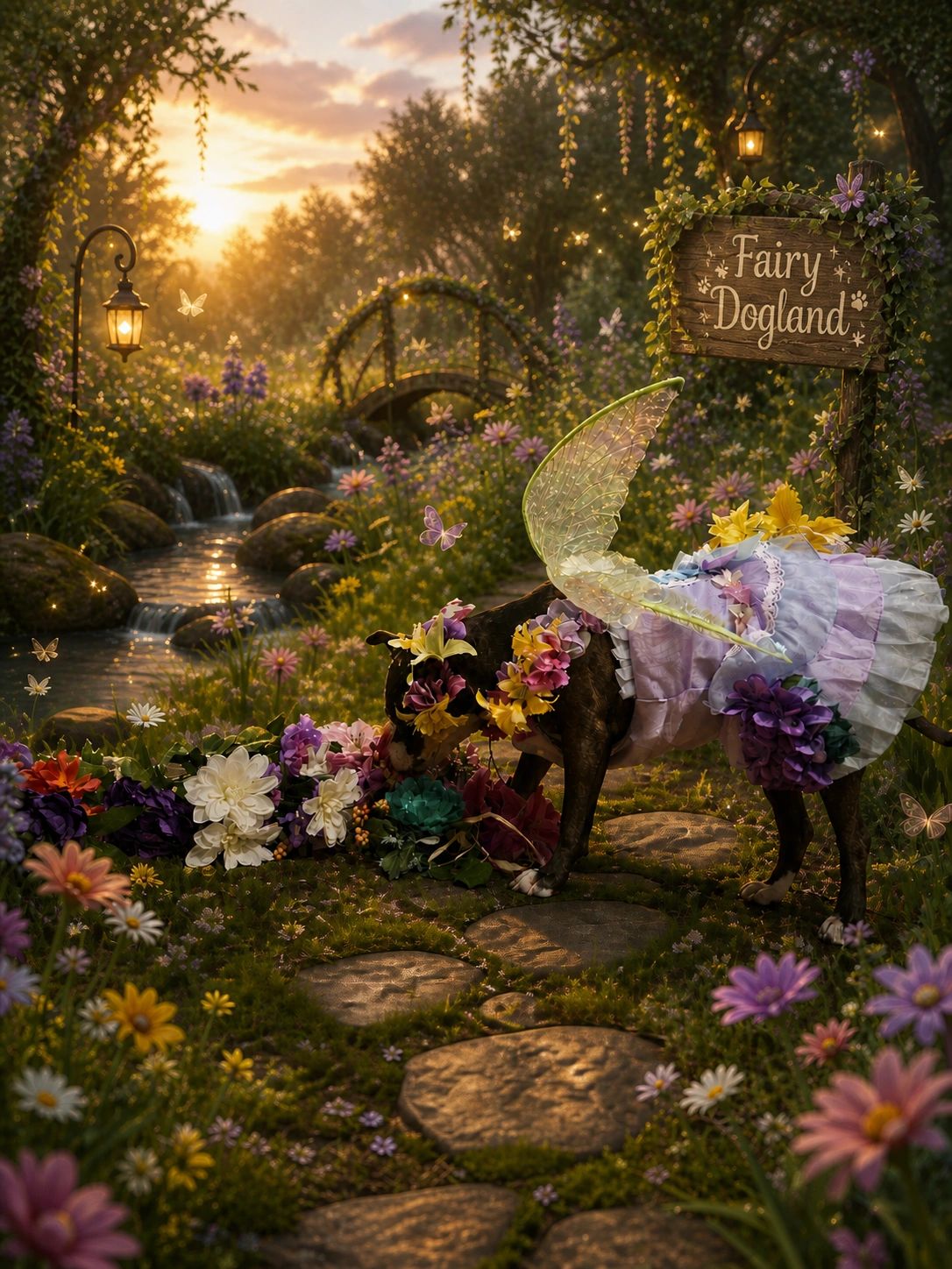 Image of Fairy Dog sniffing flowers in a beautiful enchanted forest.