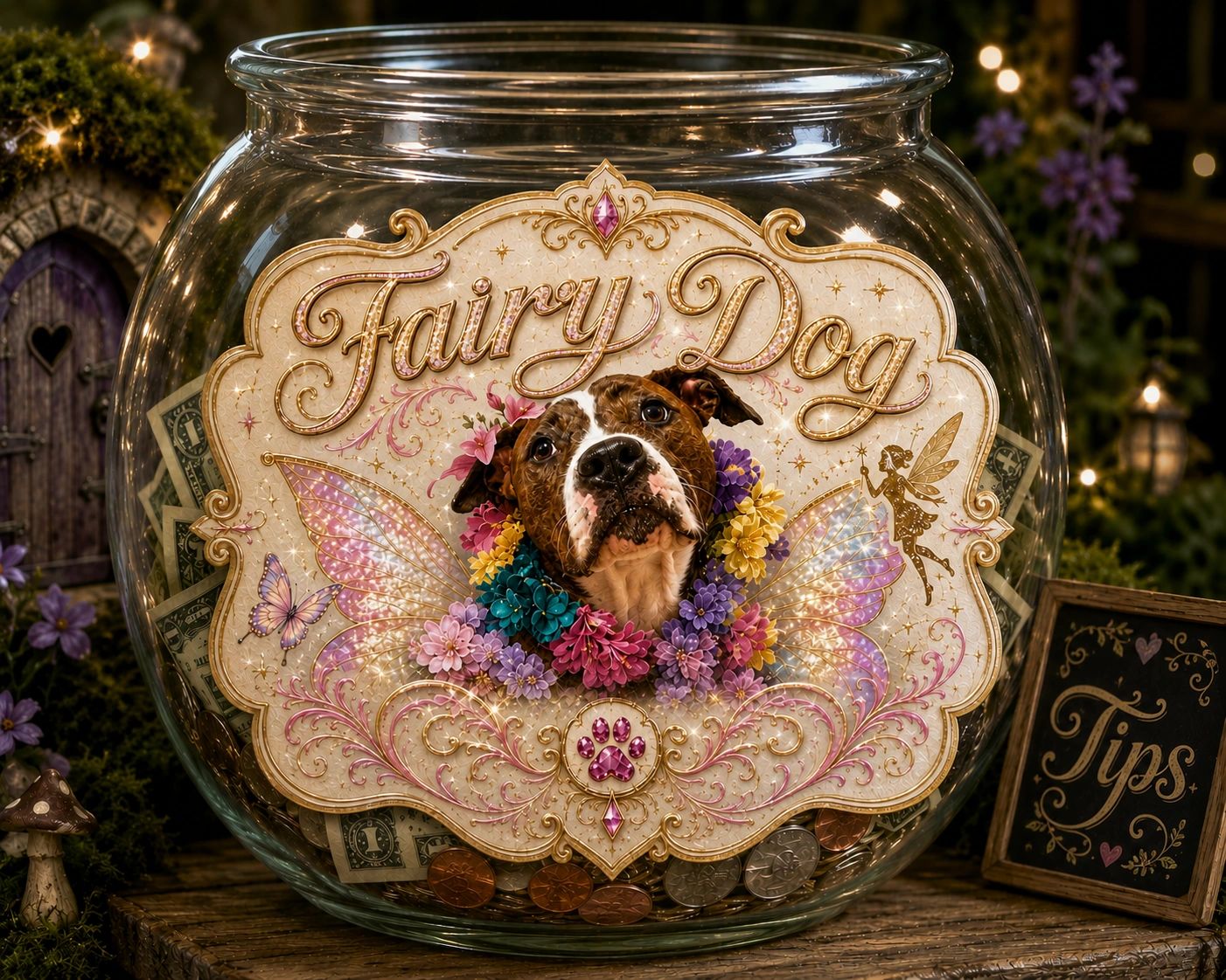 A fairy-themed dog tip jar with a dog's face and colorful flowers.