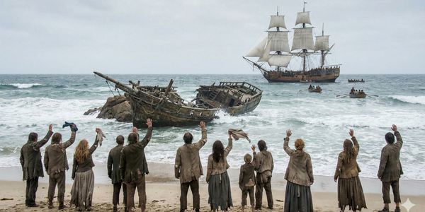 A group of people in ragged clothes wave goodbye to ships at sea.