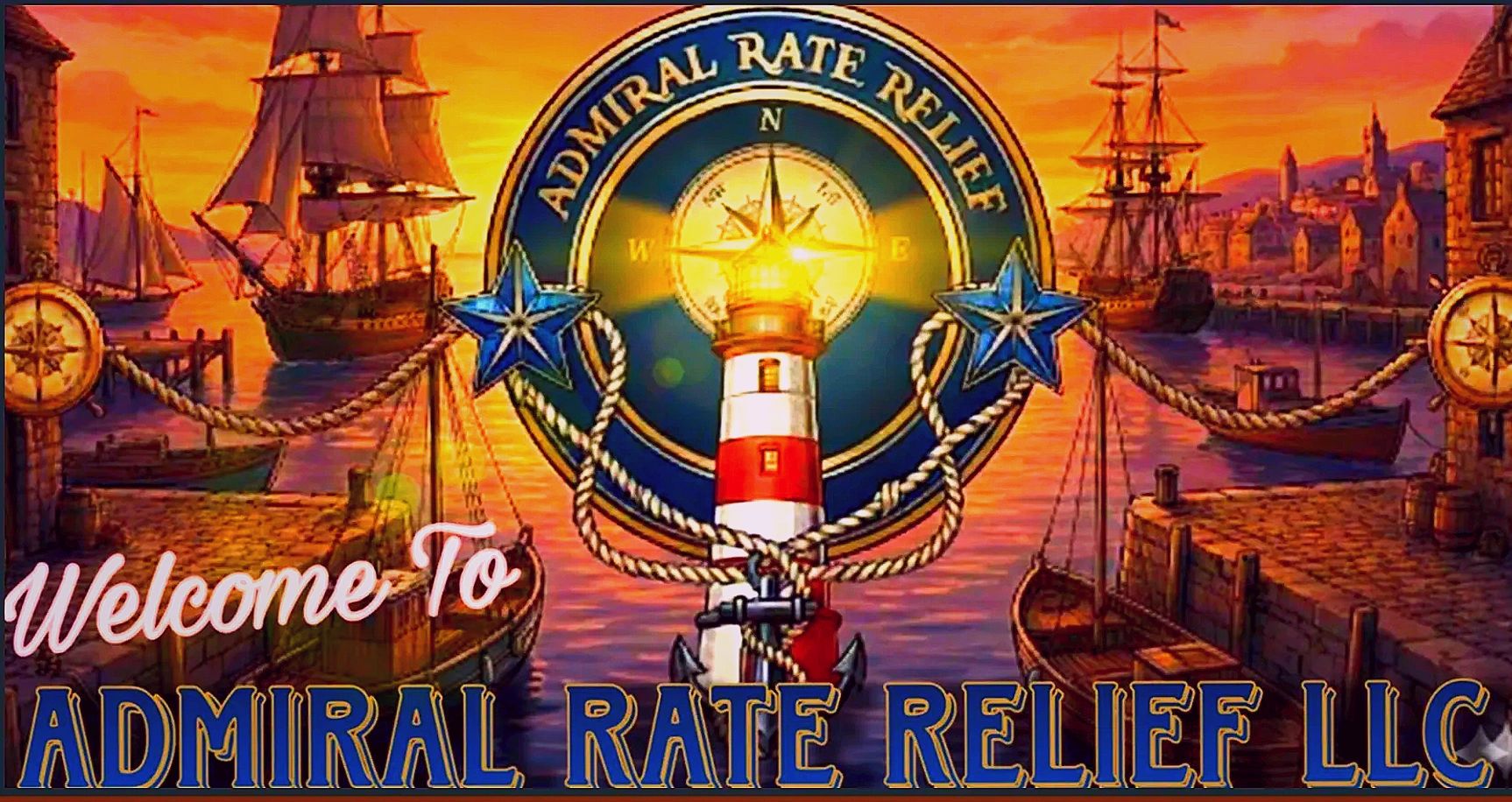 Vintage nautical scene with lighthouse and ships at sunset, welcoming to Admiral Rate Relief LLC.